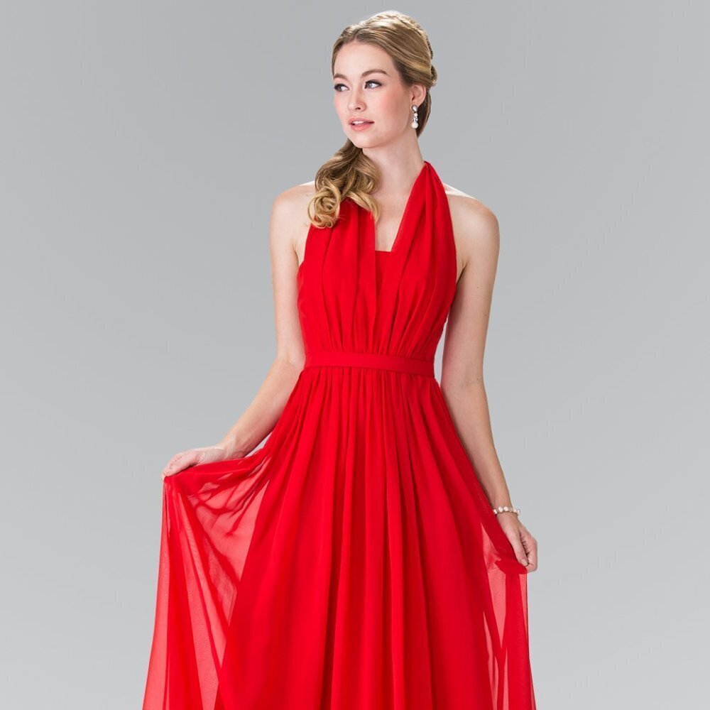 NEW SLEEVELESS A-LINE CHIFFON DRESS WITH HALTER NECKLINE & ZIPPER BACK GL2362
